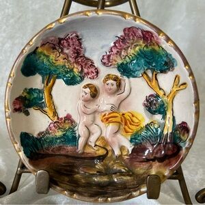Vintage Capodimonte Hand-Painted Raised Cherub Angel Plate Italy Signed/# 5 1/2”